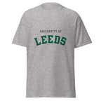 Unisex heather gray t-shirt featuring University of Leeds logo printed across the front chest