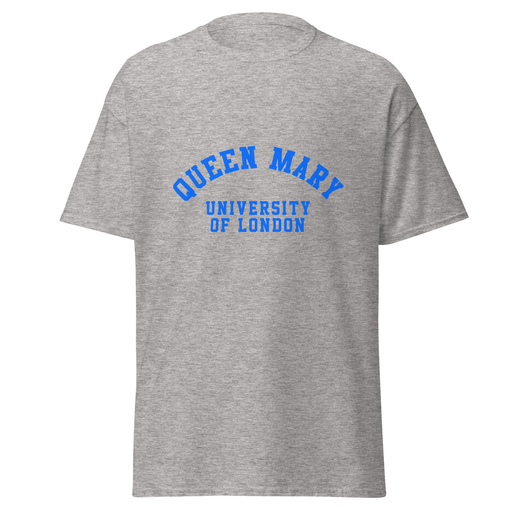 Unisex heather gray t-shirt featuring Queen Mary University of London logo printed across the front chest
