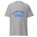 Unisex heather gray t-shirt featuring Queen Mary University of London logo printed across the front chest