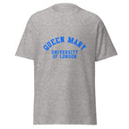 Unisex heather gray t-shirt featuring Queen Mary University of London logo printed across the front chest