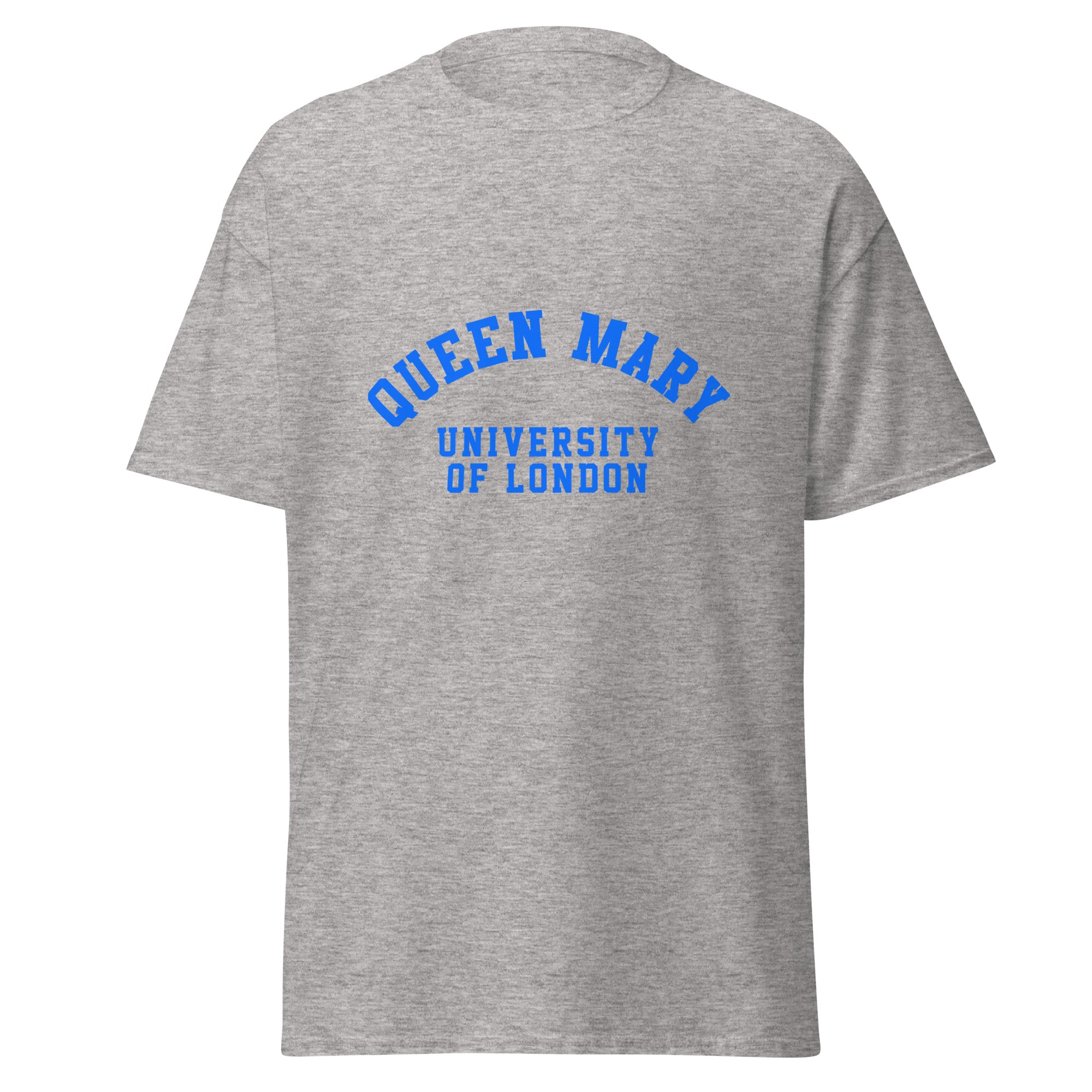 Unisex heather gray t-shirt featuring Queen Mary University of London logo printed across the front chest