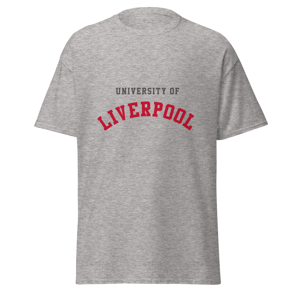Unisex heather gray t-shirt featuring University of Liverpool logo printed across the front chest