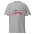 Unisex heather gray t-shirt featuring University of Liverpool logo printed across the front chest