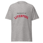 Unisex heather gray t-shirt featuring University of Liverpool logo printed across the front chest