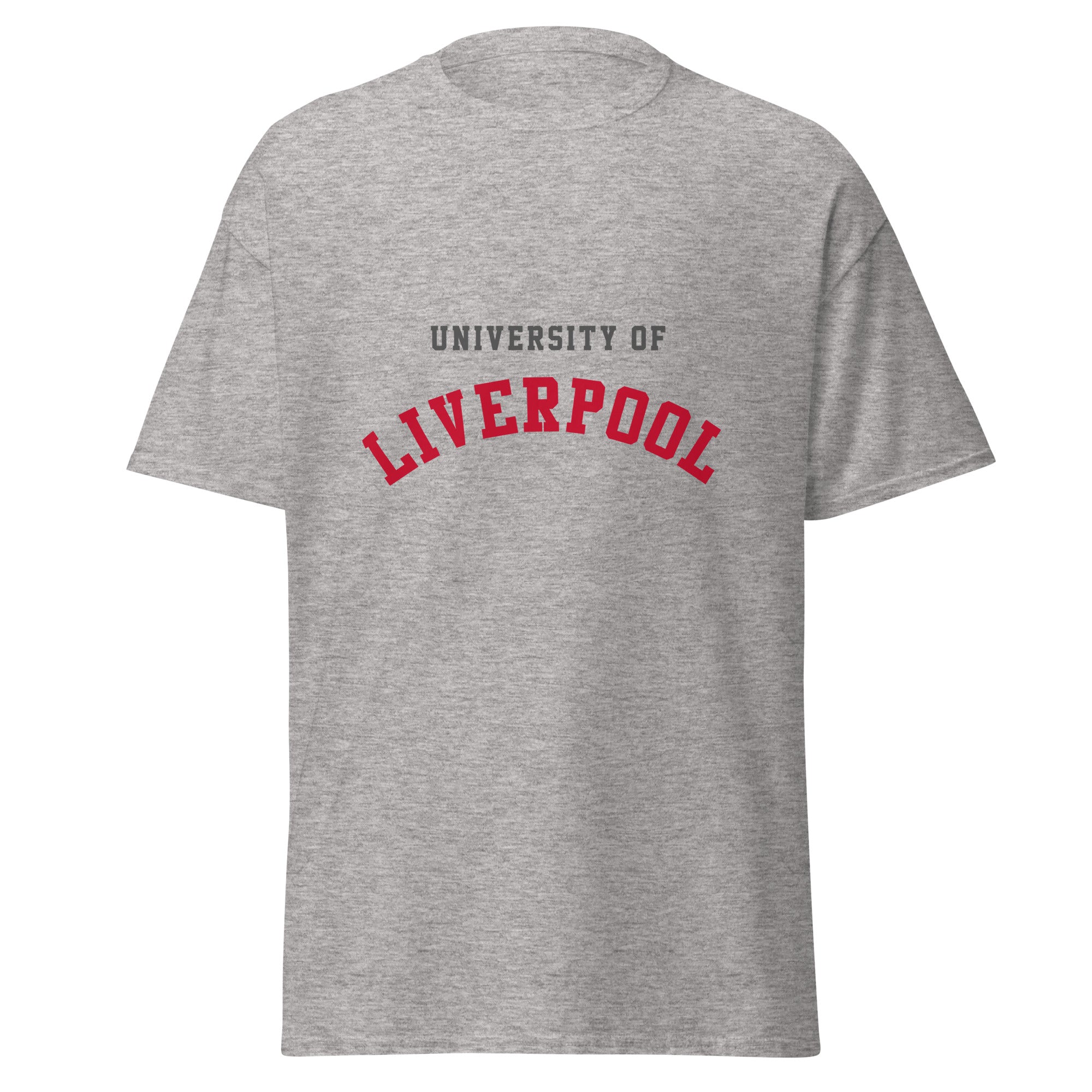 Unisex heather gray t-shirt featuring University of Liverpool logo printed across the front chest