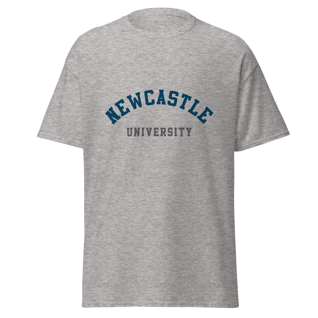 Unisex heather gray t-shirt featuring Newcastle University logo printed across the front chest