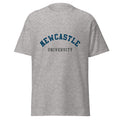 Unisex heather gray t-shirt featuring Newcastle University logo printed across the front chest