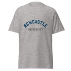 Unisex heather gray t-shirt featuring Newcastle University logo printed across the front chest