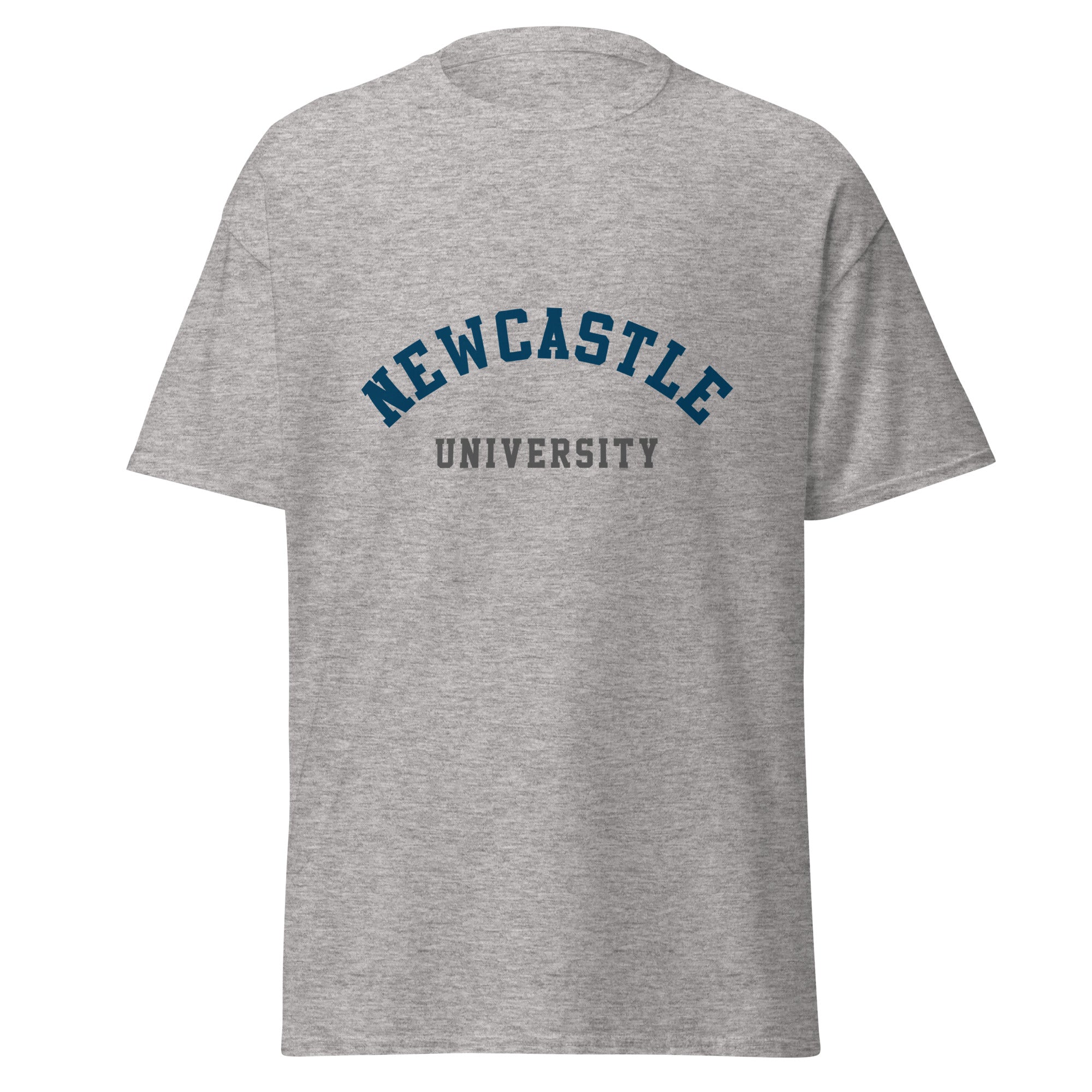 Unisex heather gray t-shirt featuring Newcastle University logo printed across the front chest
