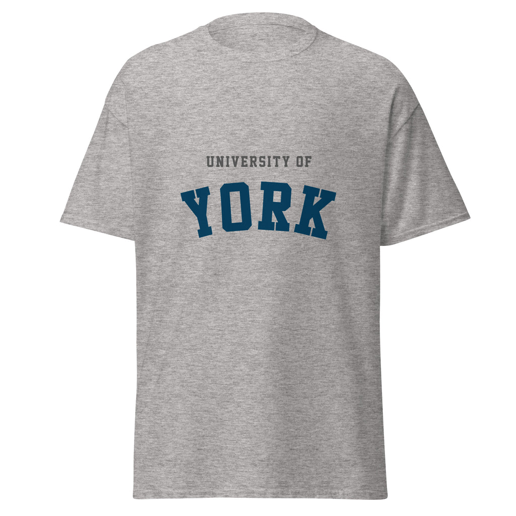 Unisex heather gray t-shirt featuring University of York logo printed across the front chest