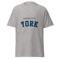 Unisex heather gray t-shirt featuring University of York logo printed across the front chest