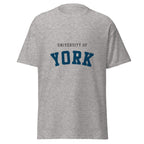 Unisex heather gray t-shirt featuring University of York logo printed across the front chest