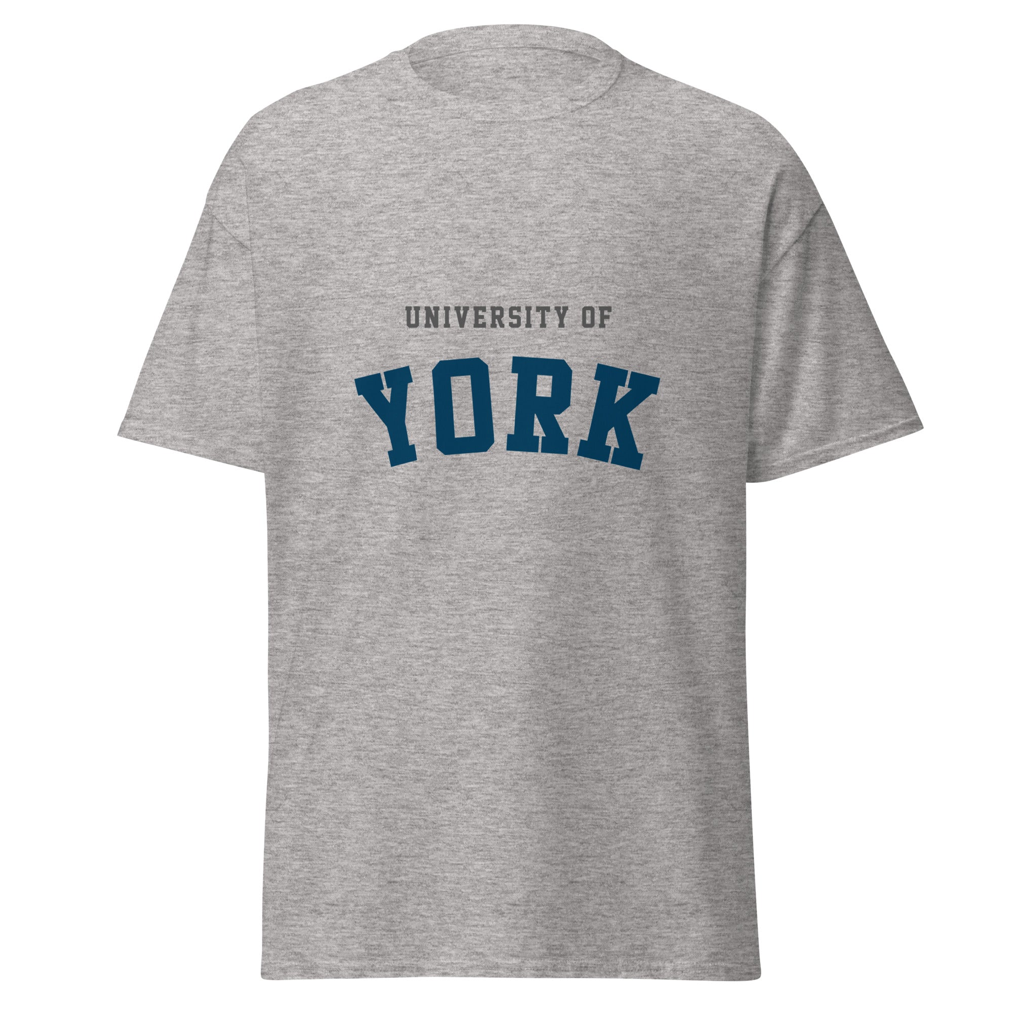 Unisex heather gray t-shirt featuring University of York logo printed across the front chest