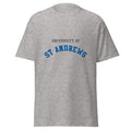 Unisex heather gray t-shirt featuring University of St Andrews logo printed across the front chest