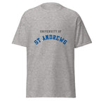 Unisex heather gray t-shirt featuring University of St Andrews logo printed across the front chest