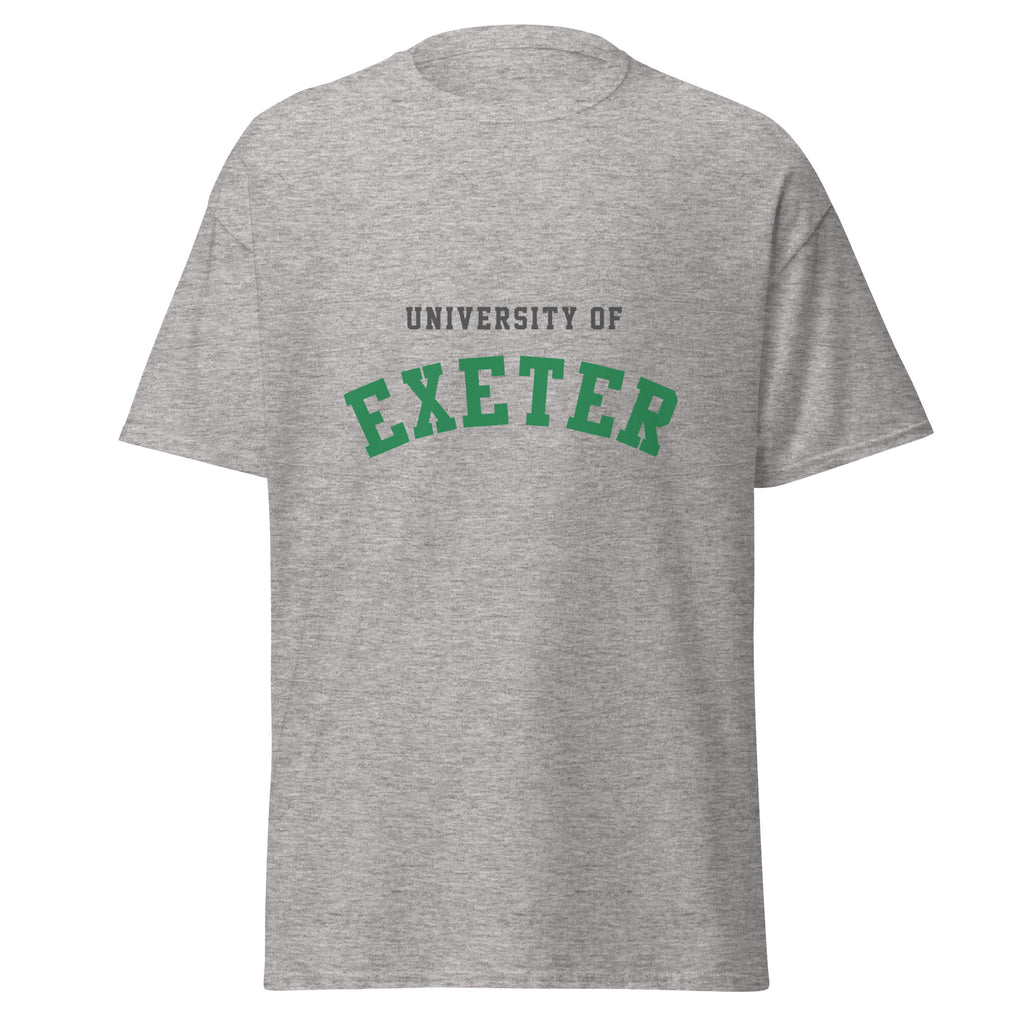 Unisex heather gray t-shirt featuring University of Exeter logo printed across the front chest