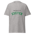 Unisex heather gray t-shirt featuring University of Exeter logo printed across the front chest