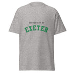 Unisex heather gray t-shirt featuring University of Exeter logo printed across the front chest