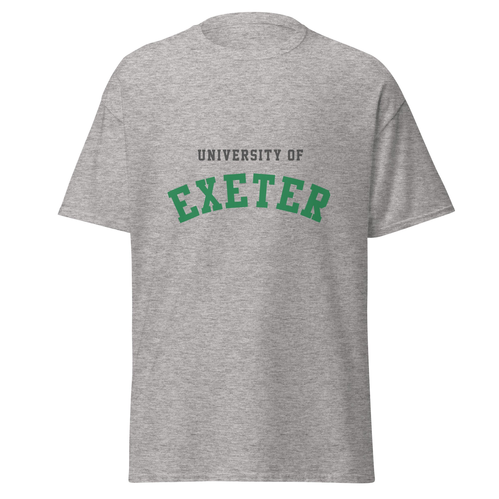 Unisex heather gray t-shirt featuring University of Exeter logo printed across the front chest