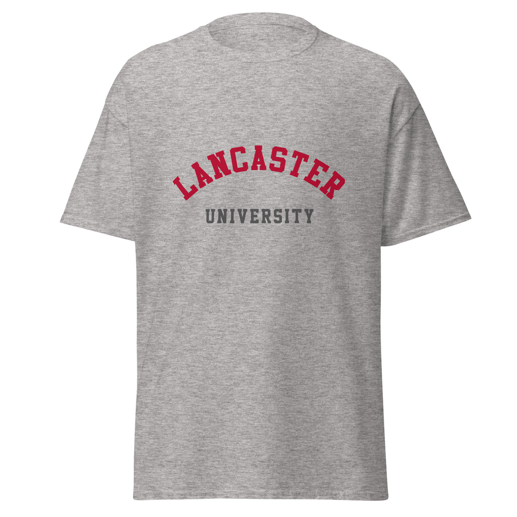 Unisex heather gray t-shirt featuring Lancaster University logo printed across the front chest