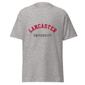 Unisex heather gray t-shirt featuring Lancaster University logo printed across the front chest