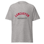 Unisex heather gray t-shirt featuring Lancaster University logo printed across the front chest