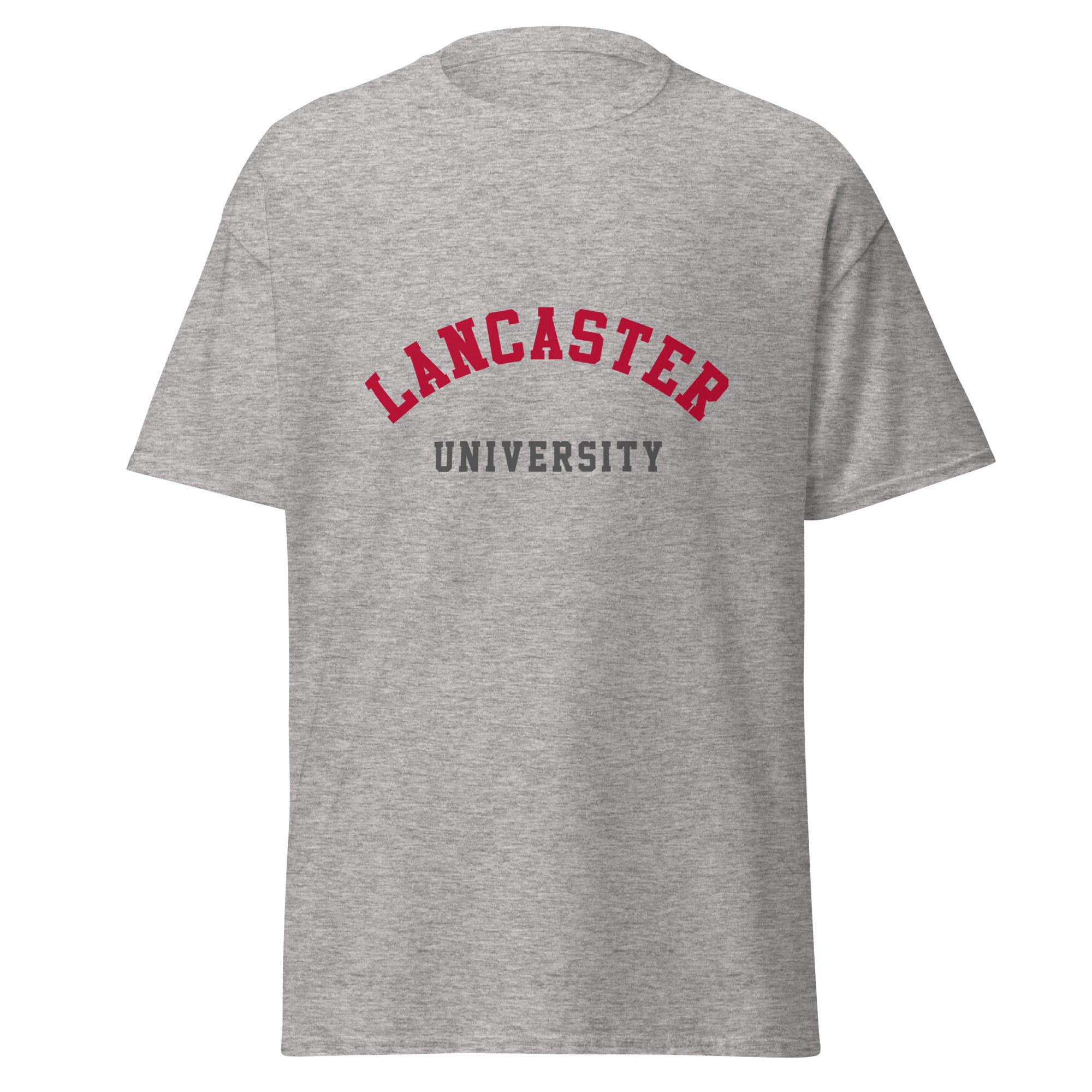 Unisex heather gray t-shirt featuring Lancaster University logo printed across the front chest