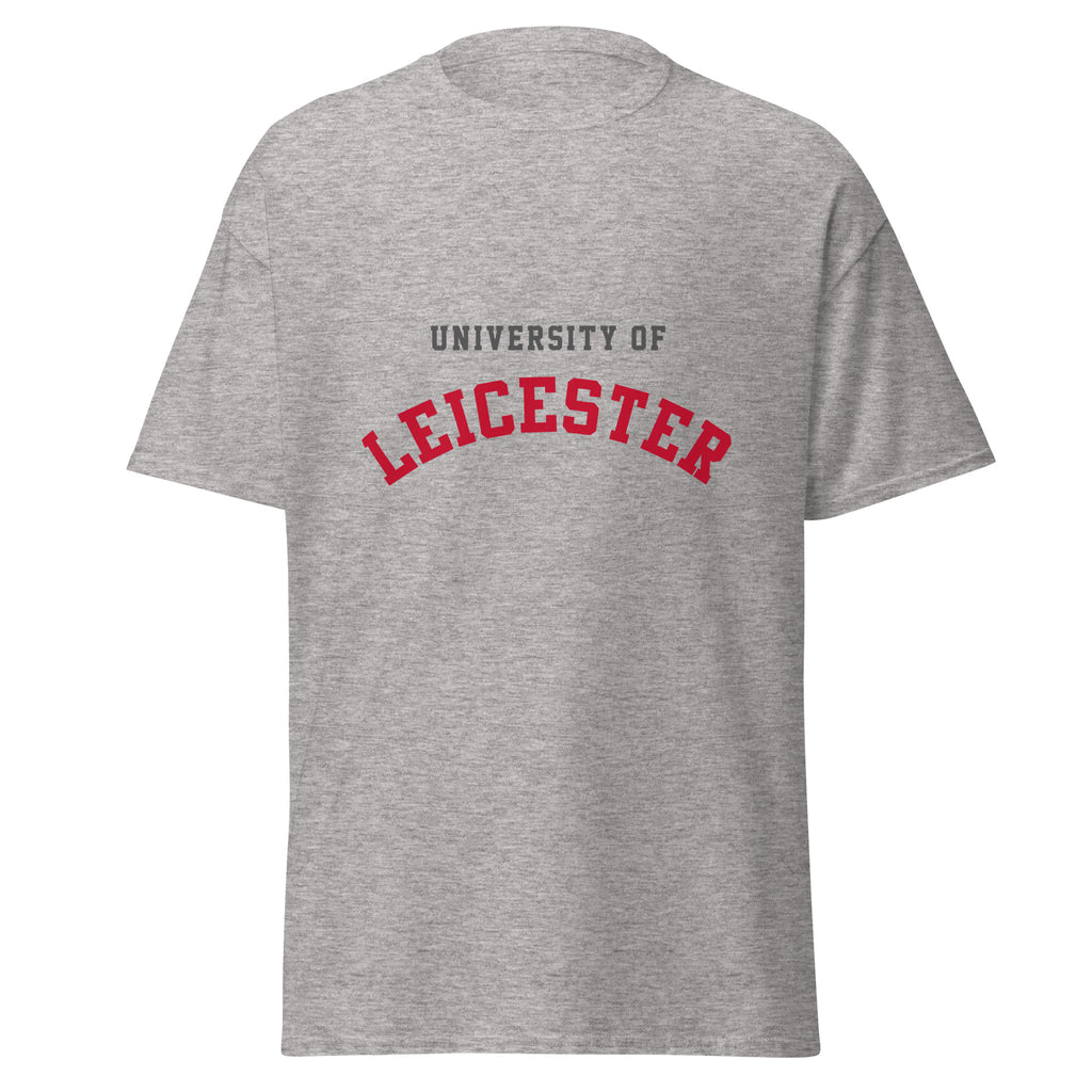 Unisex heather gray t-shirt featuring University of Leicester logo printed across the front chest