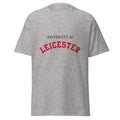 Unisex heather gray t-shirt featuring University of Leicester logo printed across the front chest
