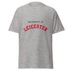 Unisex heather gray t-shirt featuring University of Leicester logo printed across the front chest