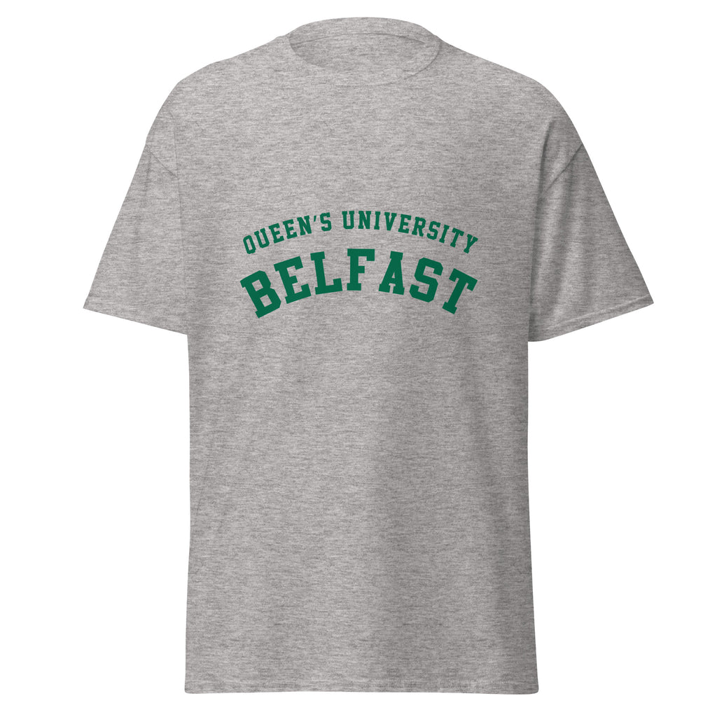 Unisex heather gray t-shirt featuring Queen's University Belfast logo printed across the front chest