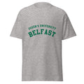 Unisex heather gray t-shirt featuring Queen's University Belfast logo printed across the front chest