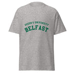 Unisex heather gray t-shirt featuring Queen's University Belfast logo printed across the front chest