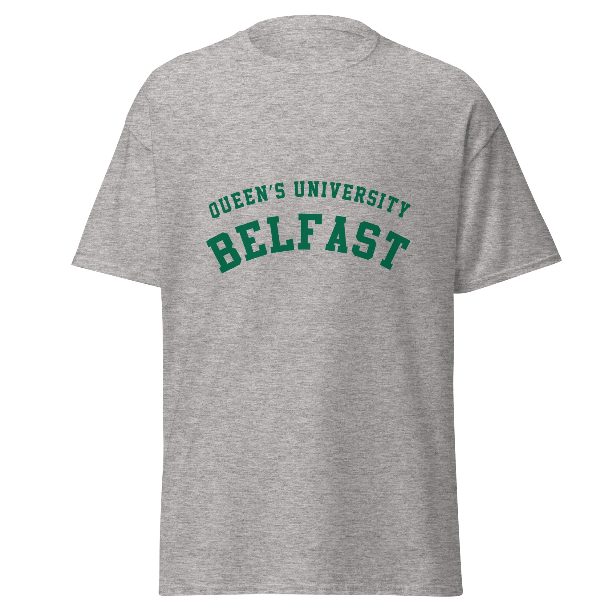 Unisex heather gray t-shirt featuring Queen's University Belfast logo printed across the front chest