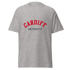 Unisex heather gray t-shirt featuring Cardiff University logo printed across the front chest