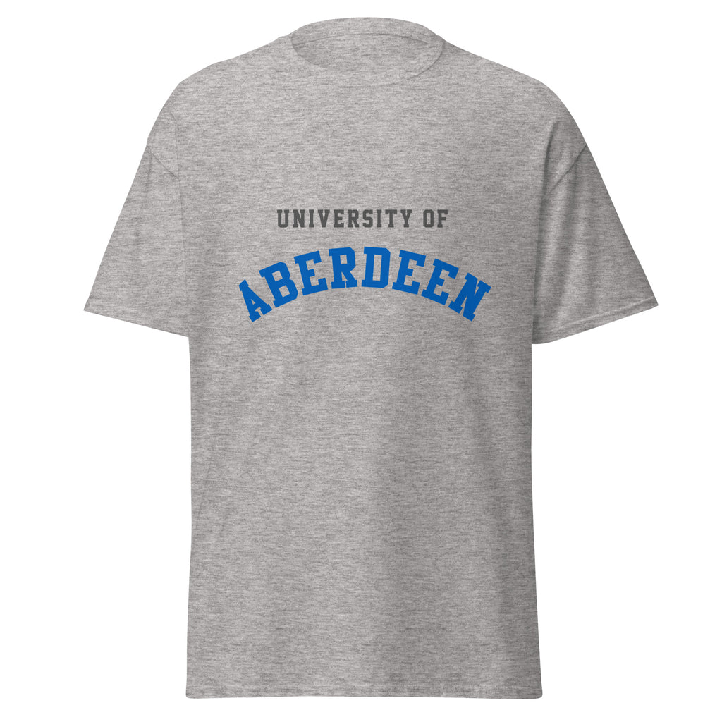 Unisex heather gray t-shirt featuring University of Aberdeen logo printed across the front chest
