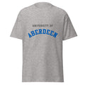 Unisex heather gray t-shirt featuring University of Aberdeen logo printed across the front chest