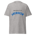 Unisex heather gray t-shirt featuring University of Aberdeen logo printed across the front chest