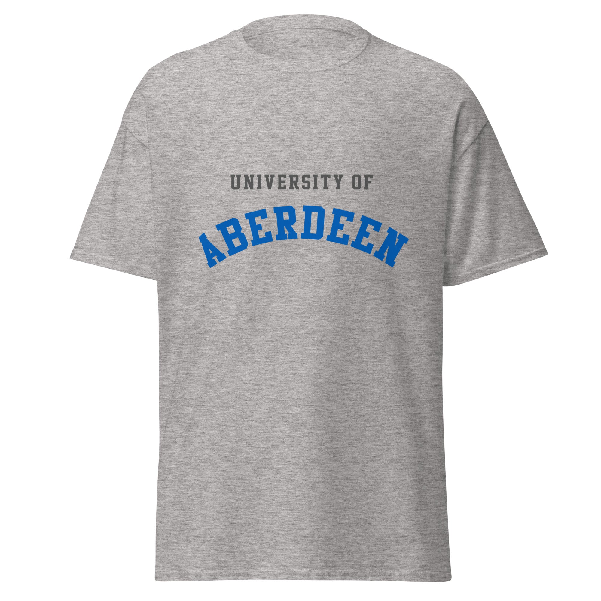 Unisex heather gray t-shirt featuring University of Aberdeen logo printed across the front chest