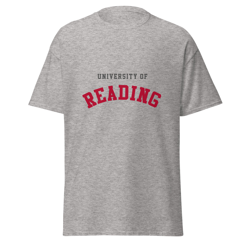 Unisex heather gray t-shirt featuring University of Reading logo printed across the front chest