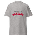 Unisex heather gray t-shirt featuring University of Reading logo printed across the front chest