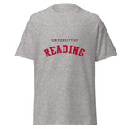 Unisex heather gray t-shirt featuring University of Reading logo printed across the front chest