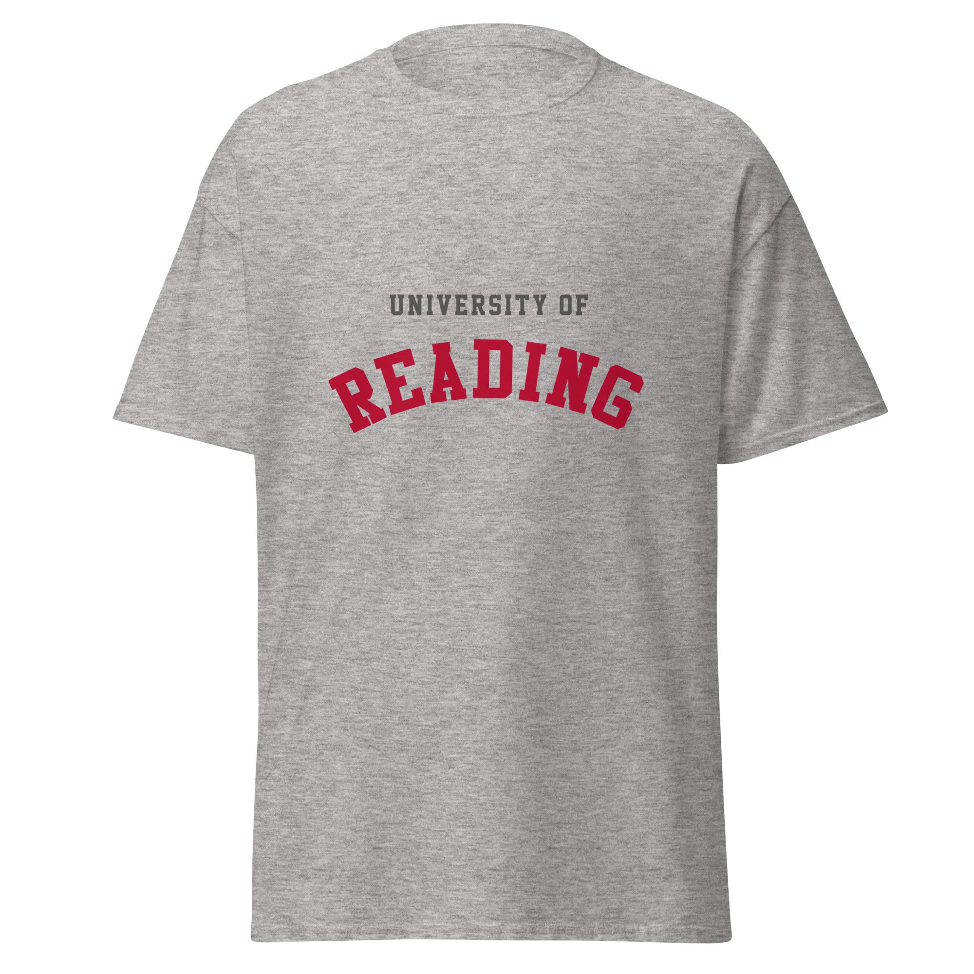 Unisex heather gray t-shirt featuring University of Reading logo printed across the front chest