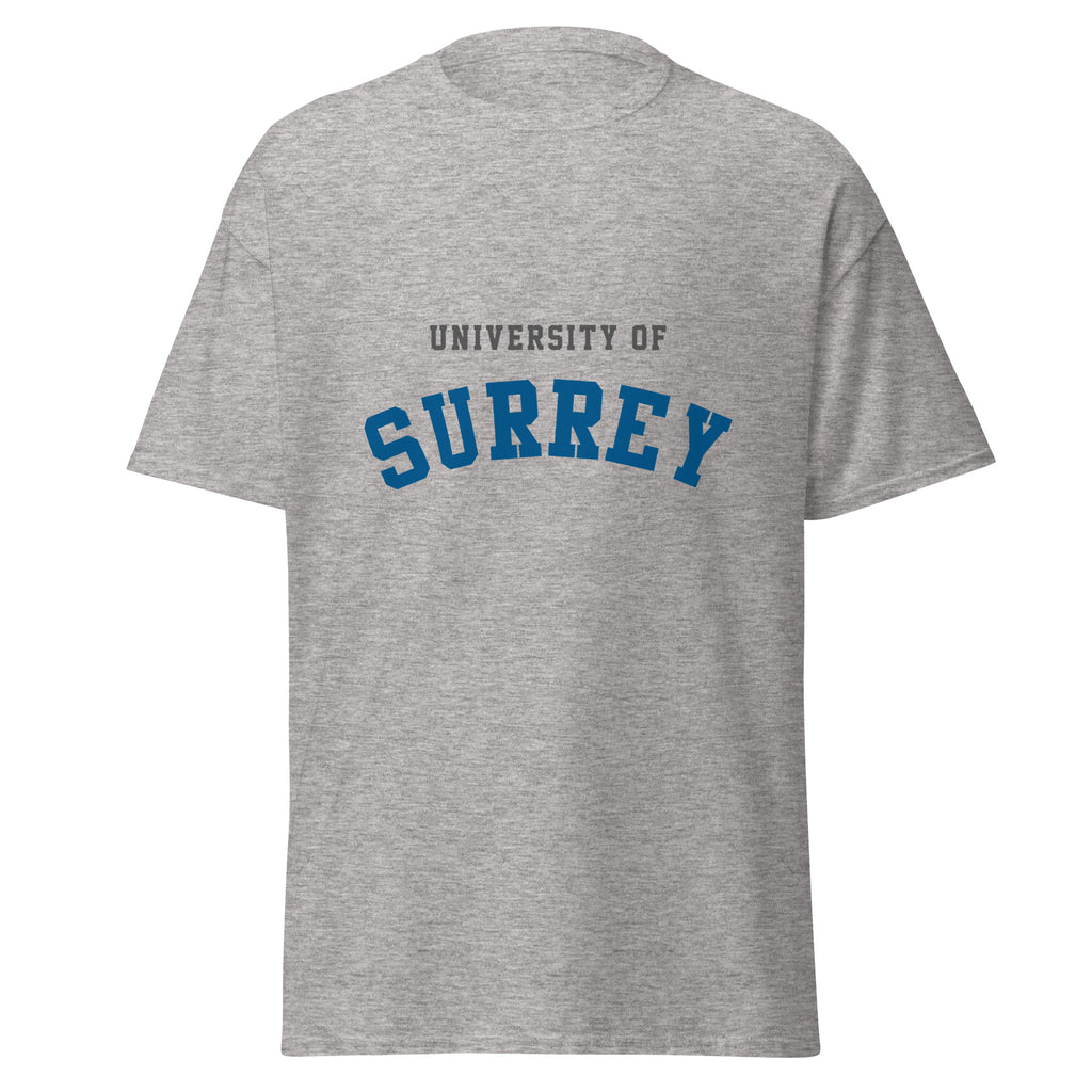 Unisex heather gray t-shirt featuring University of Surrey logo printed across the front chest