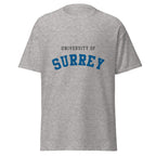 Unisex heather gray t-shirt featuring University of Surrey logo printed across the front chest