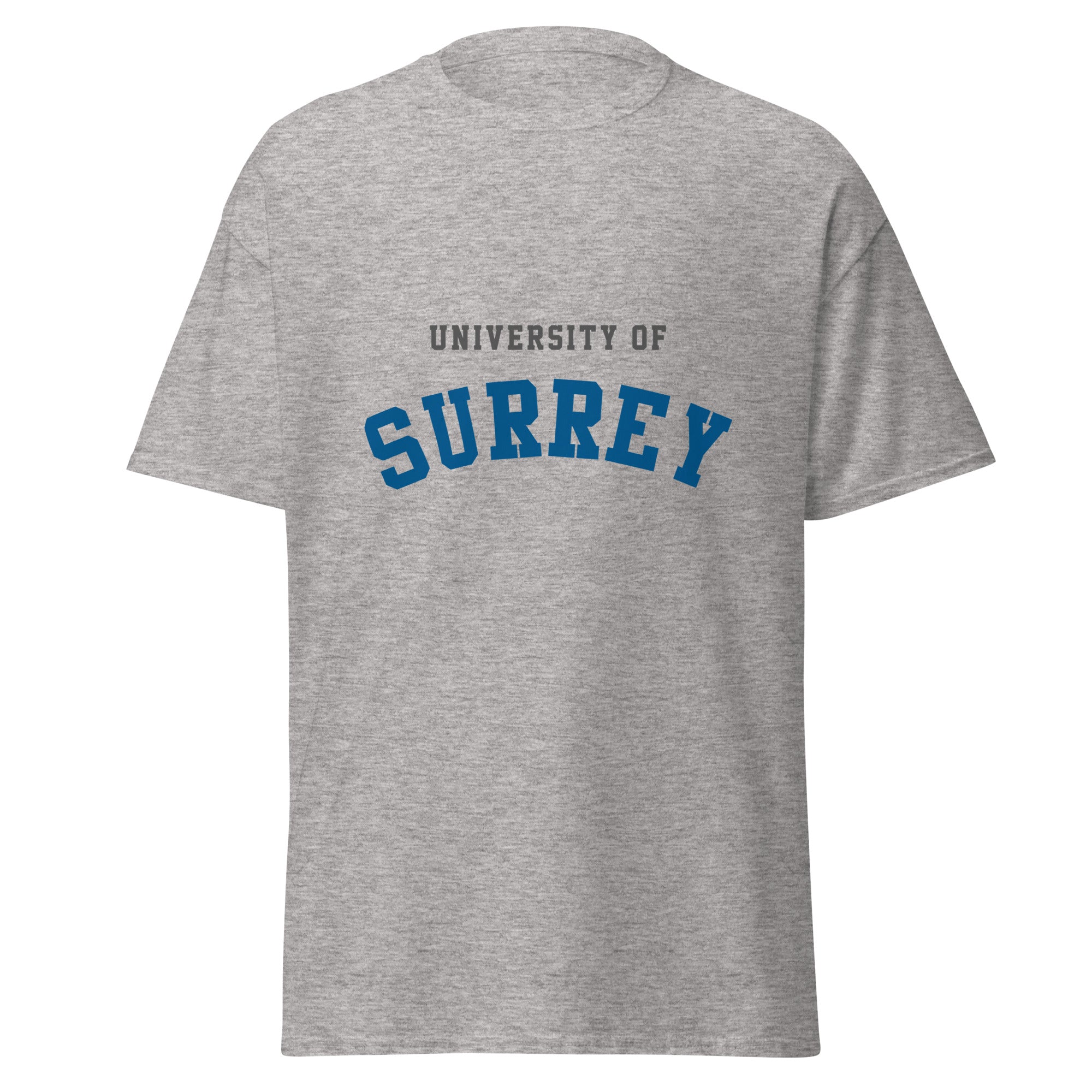 Unisex heather gray t-shirt featuring University of Surrey logo printed across the front chest