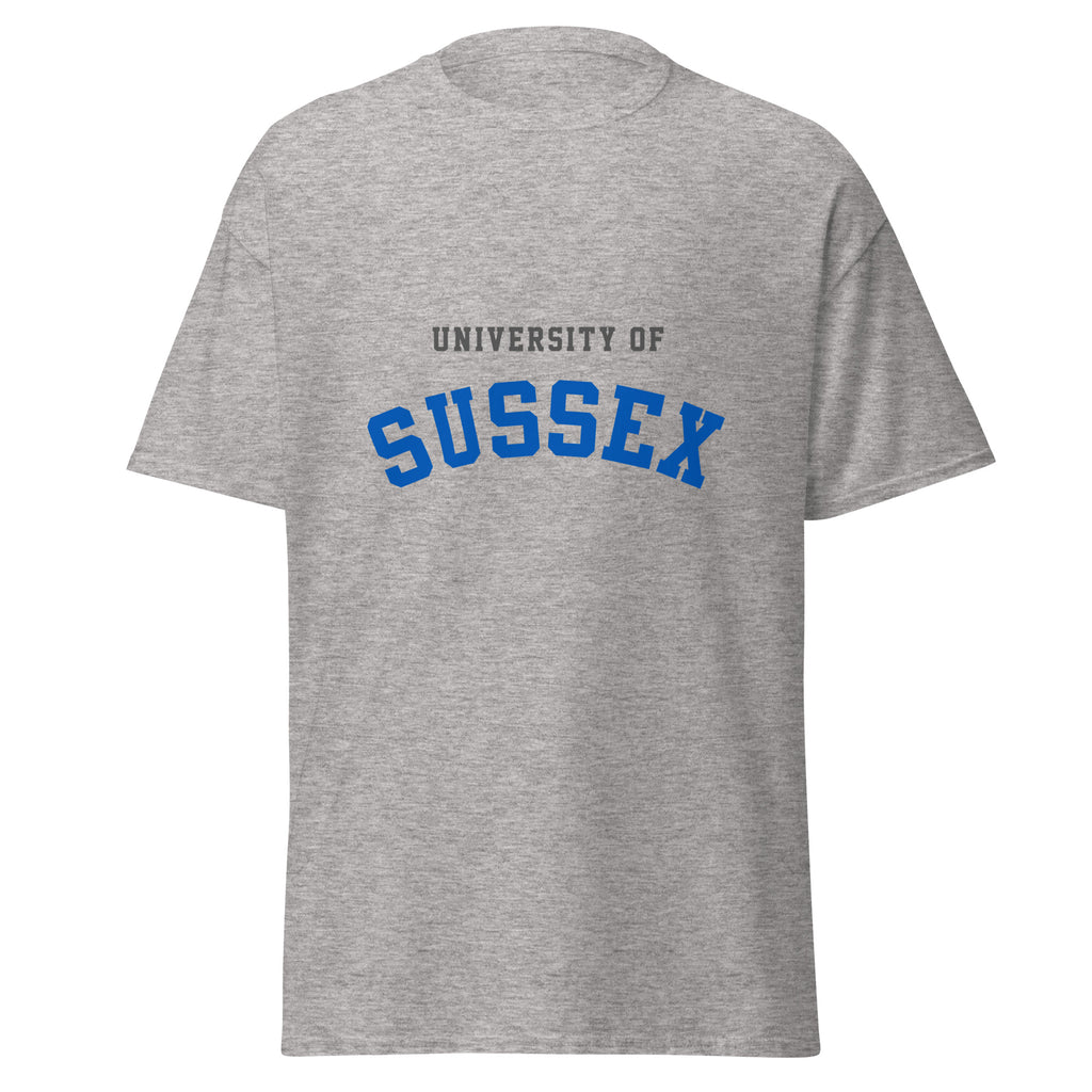 Unisex heather gray t-shirt featuring University of Sussex logo printed across the front chest