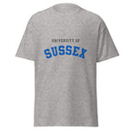 Unisex heather gray t-shirt featuring University of Sussex logo printed across the front chest