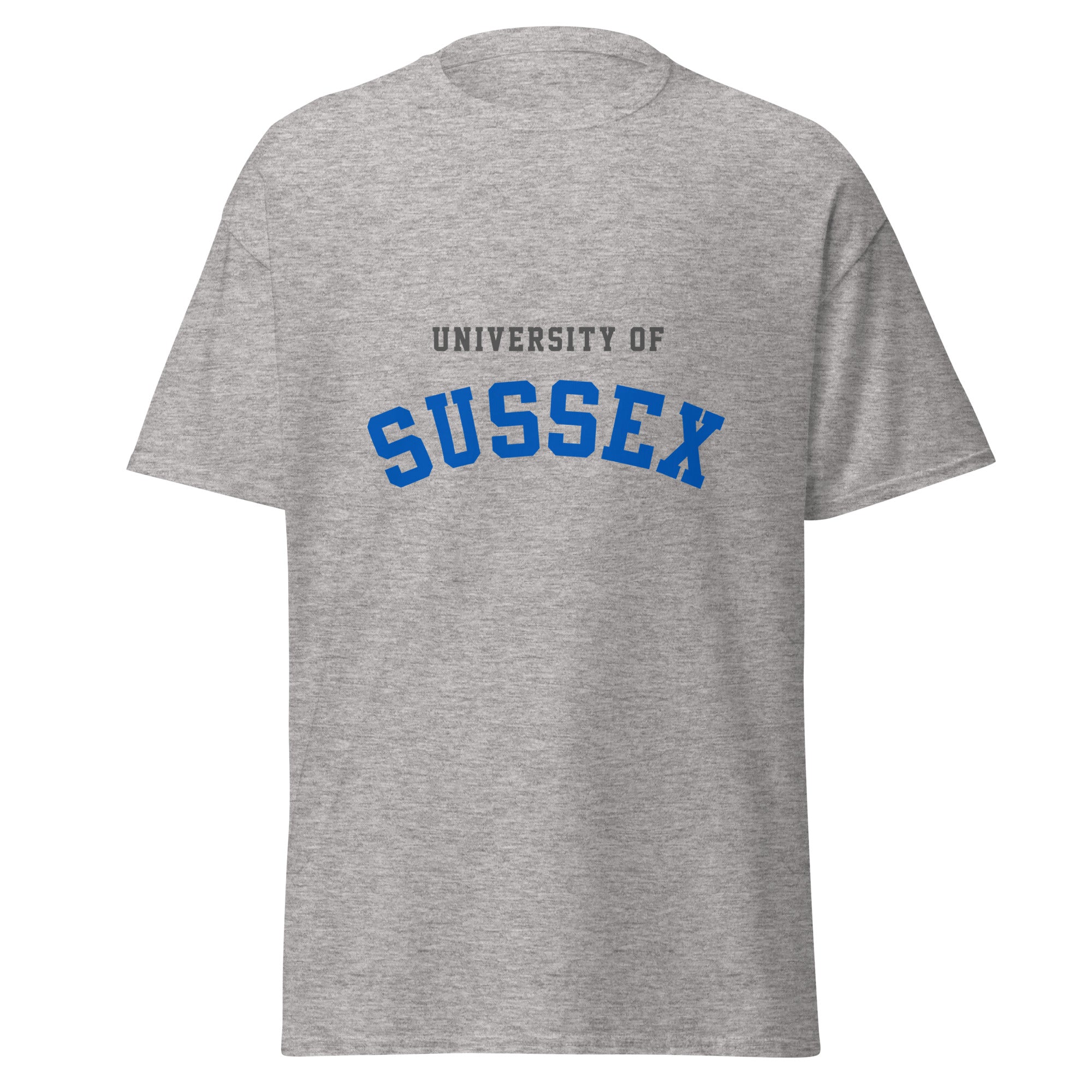 Unisex heather gray t-shirt featuring University of Sussex logo printed across the front chest