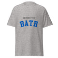 Unisex heather gray t-shirt featuring University of Bath logo printed across the front chest